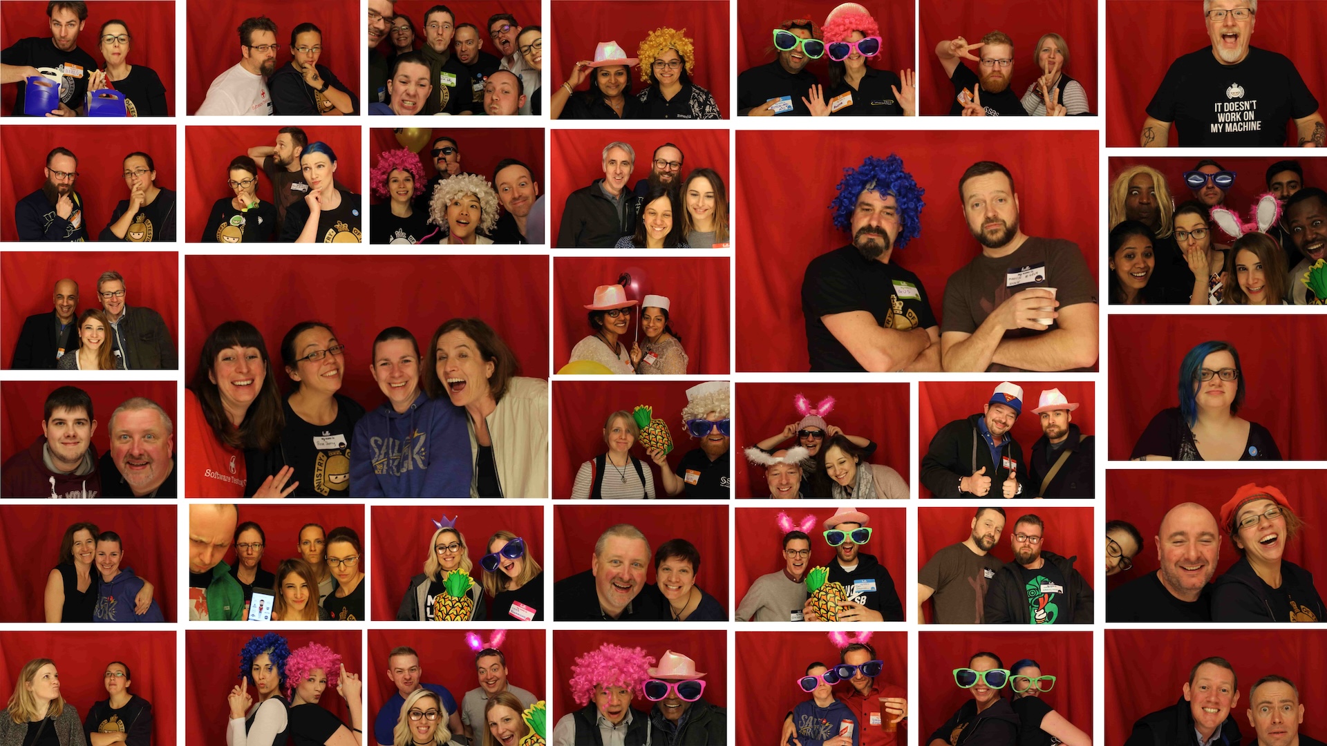 A variety of photobooth photos of TestBash Brighton attendees. They all have different poses and many are having fun with dressing up props