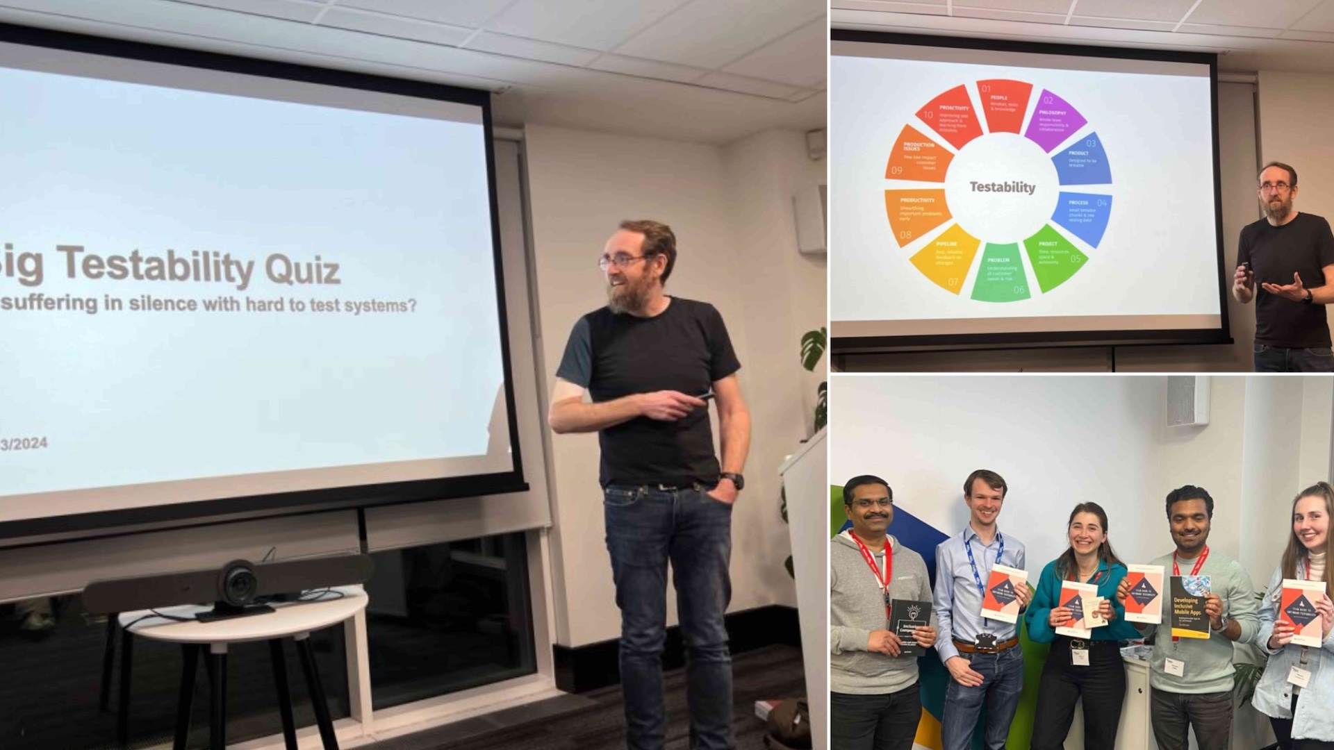 Ash Winter speaks at a local MoT Leeds Meetup. His talk was on The Big Testability Quiz and there are 5 people from the audience holding his new book