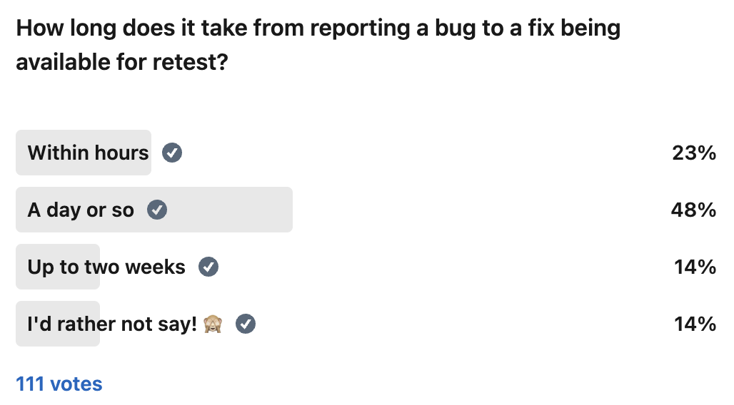 A poll with four options. Text: How long does it take from reporting a bug to a fix being available for retest? Within hours, a day or so, up to two weeks, I'd rather not say! 111 votes