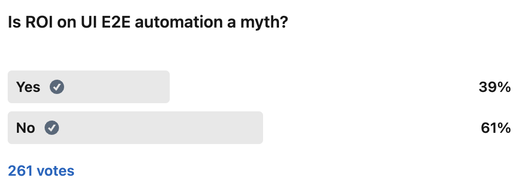 A screengrab of a poll. Text: Is ROI on UI E2E automation a myth? Bonus points for sharing why yes no