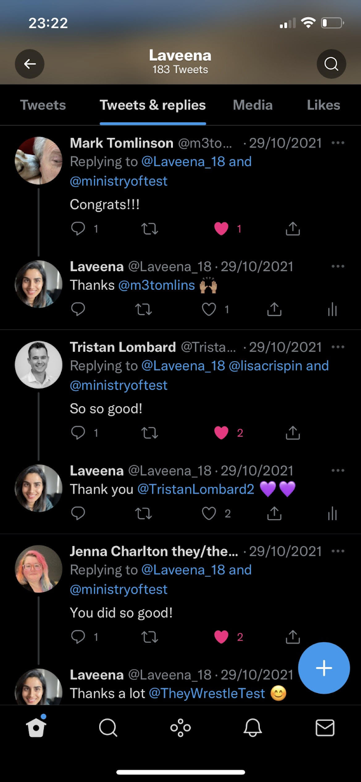 A picture of Laveena's timeline praising her for her hosting skills at Test.Bash