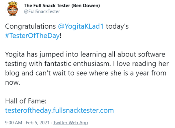 Image of Tweet congratulating Yogita for being #TesterOfTheDay