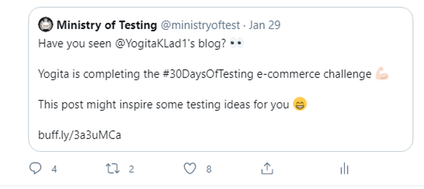 Tweet from Ministry of Testing sharing Yogita's blog on 30 days of Testing