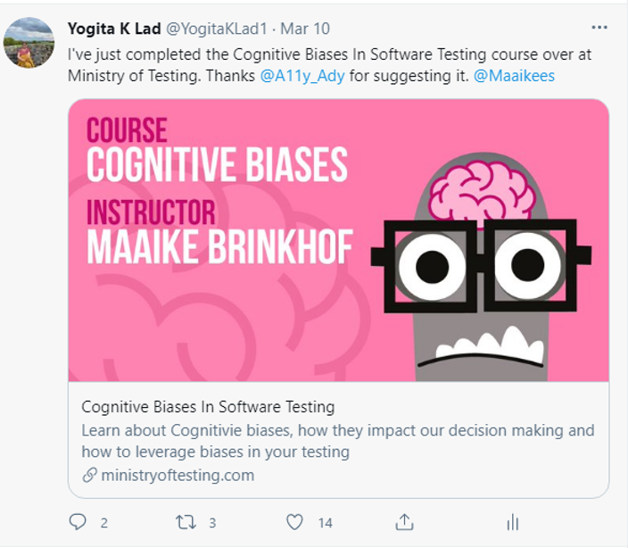 Yogita sharing completing the Cognitive Biases course